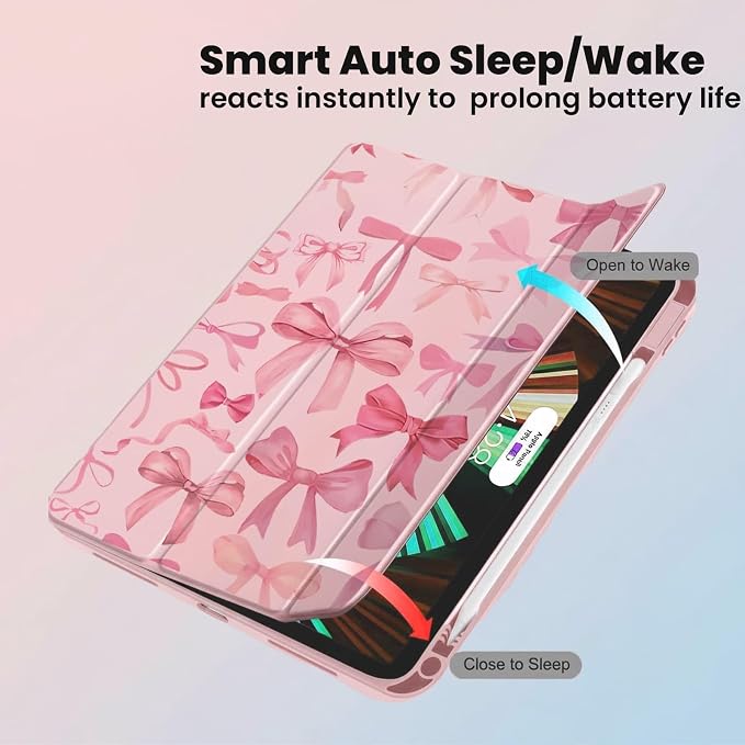 for iPad A16 11 Inch 2025 /for iPad 10th Generation 10.9 Inch 2022 Cute iPad Black Case with Pencil Holder-[Auto Wake/Sleep] Trifold Stand Soft TPU Protective Cover Pink Bows