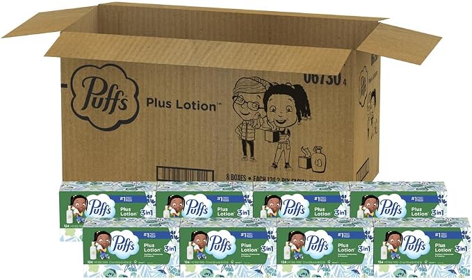 Puffs Facial Tissues Plus Lotion 24 Family Rectangle Boxes 124 Facial Tissues per Box Allergies and Colds (Packaging May Vary)