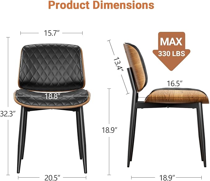 Dining Chairs Set of 4, FSC Certified Mid Century Modern Accent Dining Room and Kitchen Chairs, Upholstered PU Leather Diamond Check Chairs with Walnut Bentwood and Metal Legs, Black