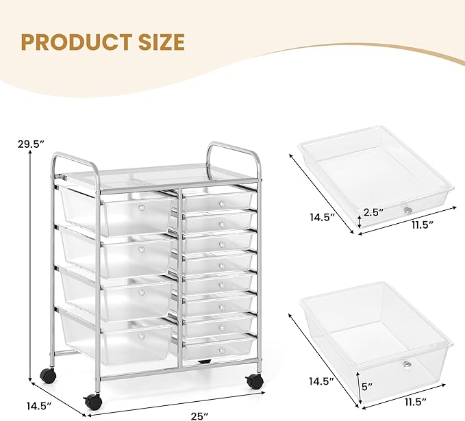 COSTWAY 12 Drawer Rolling Storage Cart, Mobile Utility Cart with Metal Frame, Art Supply Craft Organizer, Multipurpose Storage Organizer for Paper, Office, School Teacher, Classroom, Transparent