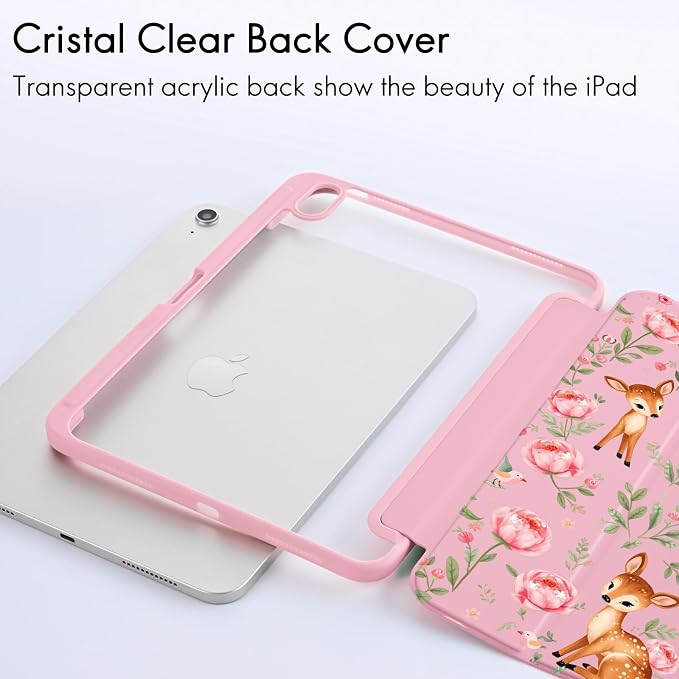 Cute Deer Fawn Rose Flowers Case for iPad 9th/8th/7th Generation | Cute Designs Cover for iPad 10.2 2021/2020/2019 Gen with Pencil Holder | Slim Clear Acrylic Back Auto Sleep/Wake Shell