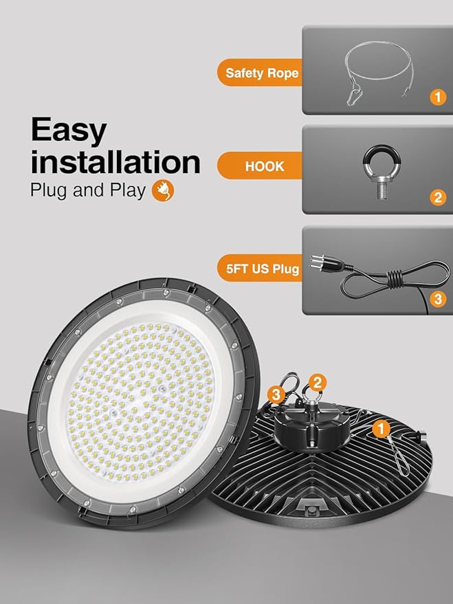 High Bay LED Shop Lights, 1 Pack, 150W, 5000K, 22500LM, UFO LED High Bay Light with 5' Cable(Eqv.600w Mh/Hps/Hid) Shop Lights for Garage Factory Workshop Warehouse Barn