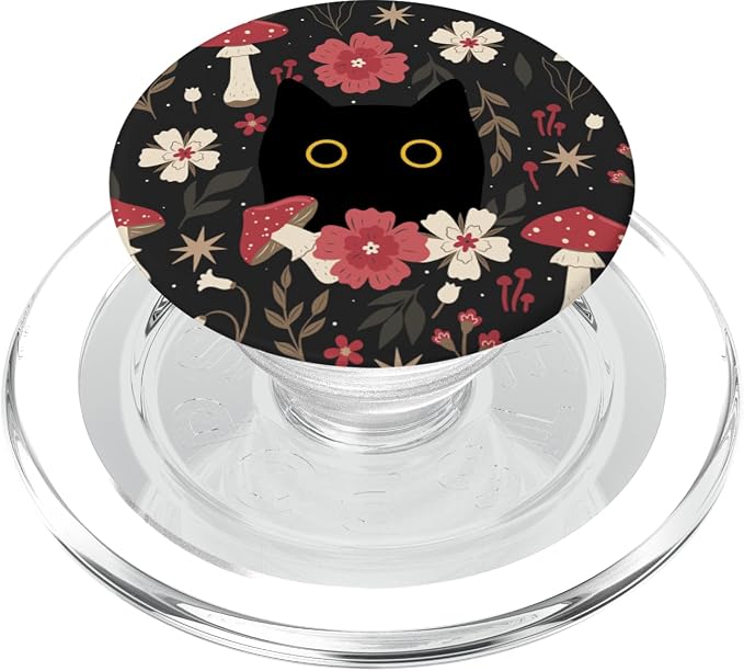Black Cat Hiding in Forest Garden Flowers Cute Botanical PopSockets PopGrip for MagSafe