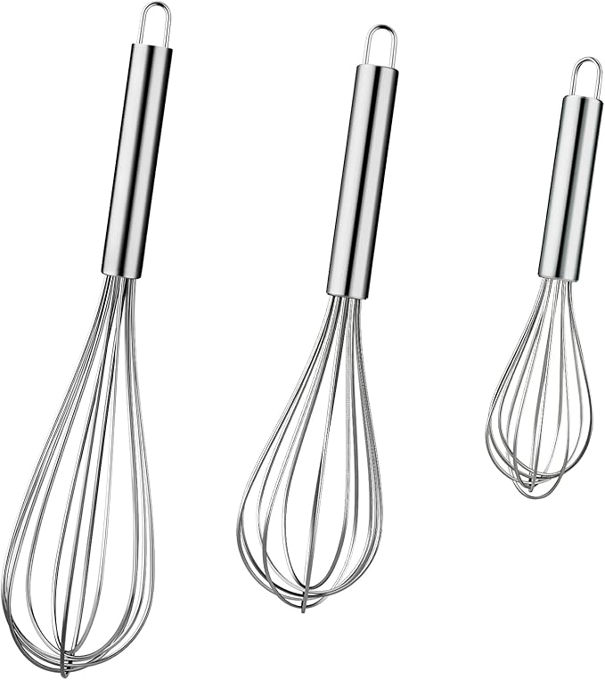 Kisuwye Metal Whisks for Cooking Stainless Steel Whisk Set 3 Pack Wisking Tool Balloon Wisk 8" 10" 12" Wire Whisk for Baking, Whisking, Mixing, Blending