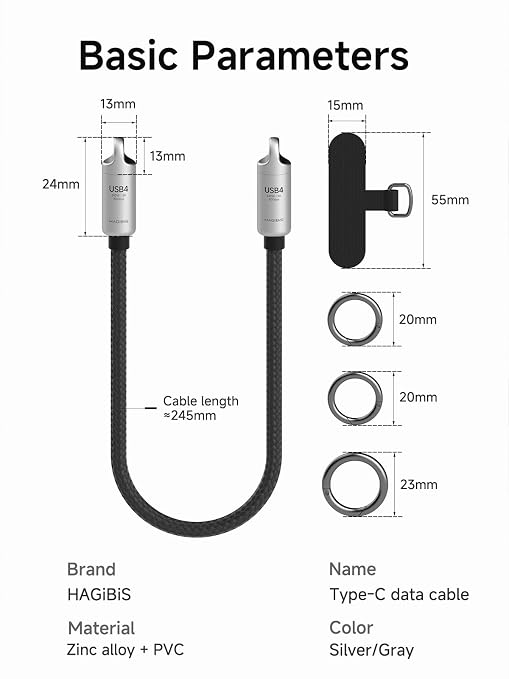 Hagibis USB4 Cable 1ft Phone Lanyard Cable 80Gpbs 240W 8K@60Hz Portable USB C to Type-C Wrist Lanyard for iPhone 17 16 15 Pro Max iPad Pro Thunderbolt 5/4/3 External SSD (Grey-30cm)
