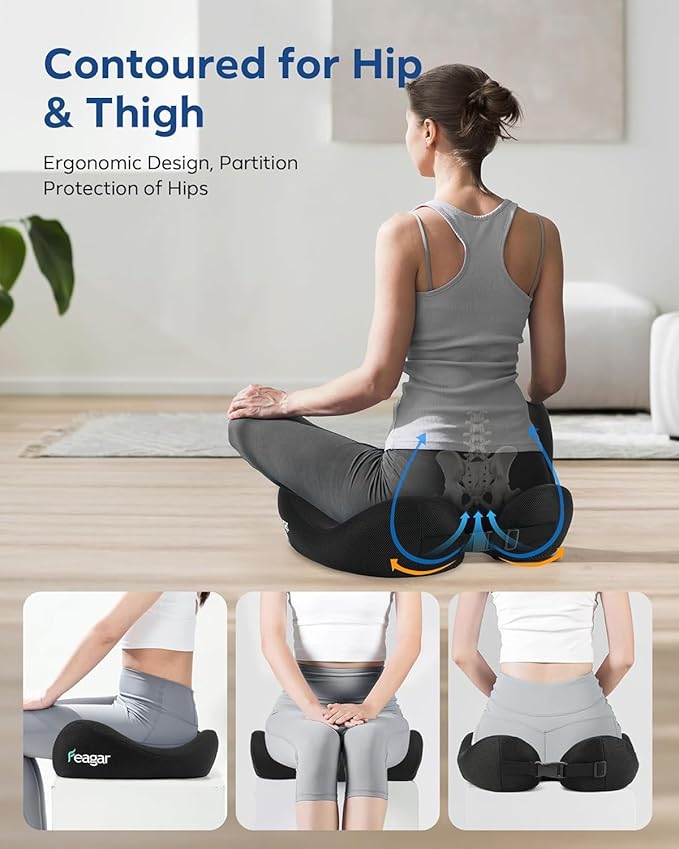 Feagar Office Chair Cushion for Sciatica & Tailbone Pain Relief – Extra Thick Memory Foam Seat Cushion for Long Sitting, Desk Chair & Wheelchair, Non-Slip Bottom, Ideal