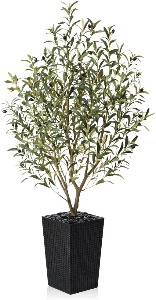 Artificial Olive Tree 5FT Indoor&Outdoor Faux Plant - UV Resistant Large Fake Tree with Black Planter & Pebbles, Realistic Tall Potted Artificial Trees for Modern Home Decor Office Living Room VN132