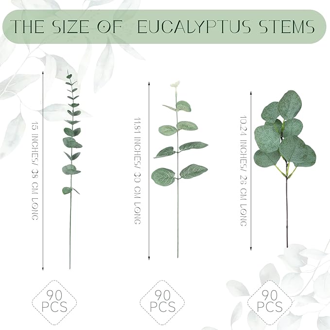 Giegxin 270 Pcs 3 Kinds Mixed Eucalyptus Leaves Stems Bulk Artificial Silver Dollar Leaves Picks Dried Eucalyptus Bundle Faux Spray for Wedding Vase Bouquet Floral Arrangement (Green)