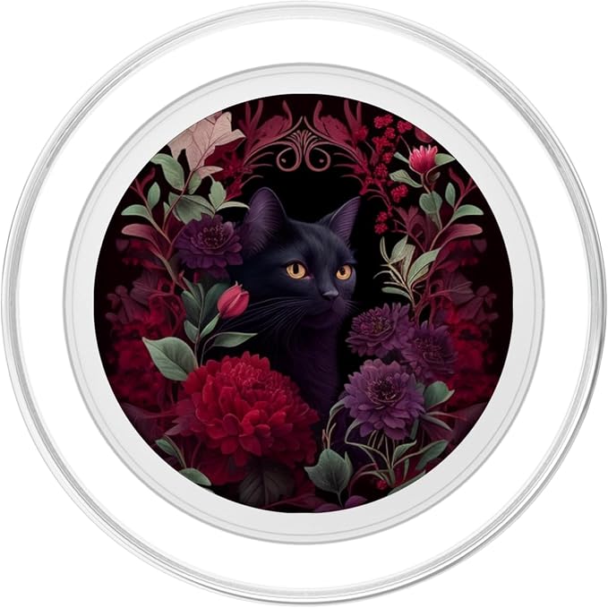 Black cat Hidden Flower Design with Burgundy Maroon Flowers PopSockets Adhesive PopGrip