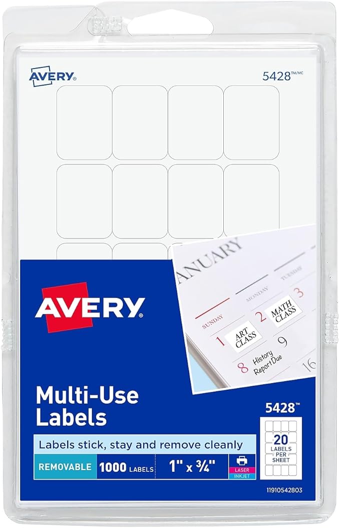 Removable Multi-Use Labels, Inkjet/Laser Printers, 1 x 0.75, White, 20/Sheet, 50 Sheets/Pack, (5428)