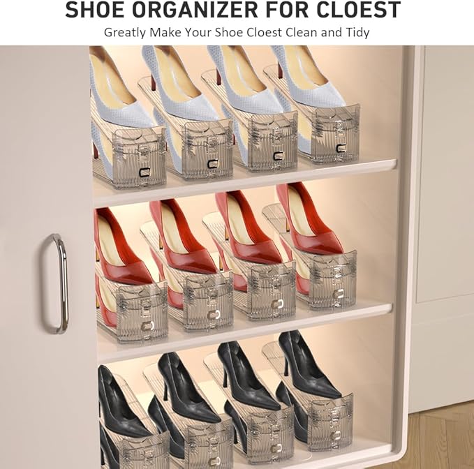 24 Pack Clear Shoe Slots Organizer - Adjustable Height 3.7''to 7.7'' Shoe stackers for a pair of shoes ,Shoe rack storage shoe space saver 50%,Easy to assemble shoe hold shoe organizer for cloest