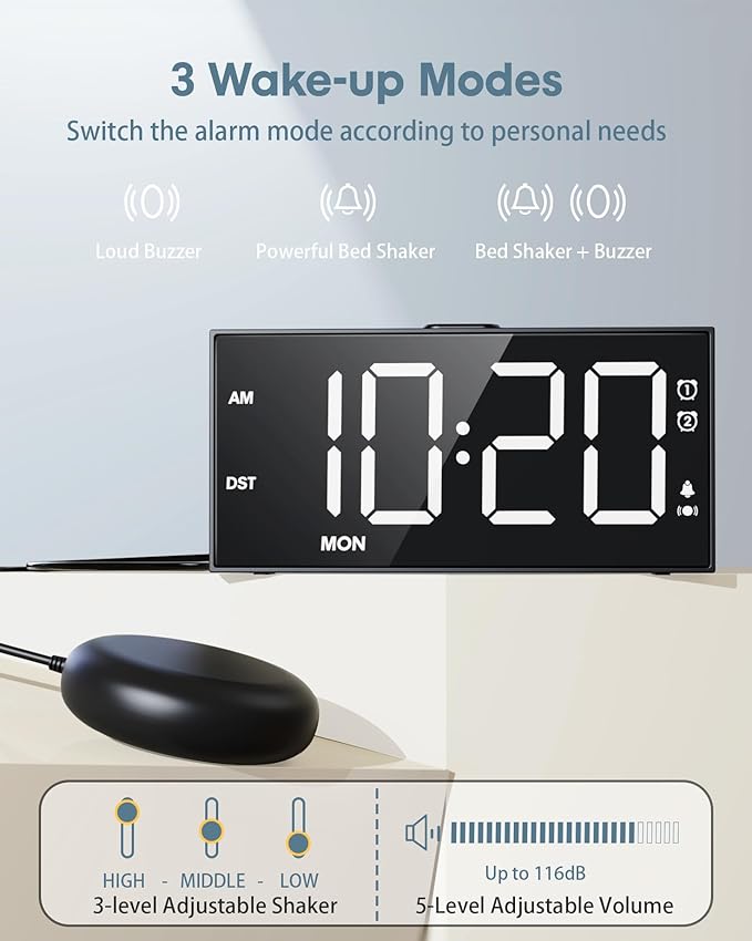 Loud Alarm Clock with Bed Shaker for Heavy Sleeper,3-level Vibrating,Large Digits,Weekday/Weekend Mode,Dual Alarms for Hard of Hearing/Deaf, 5 Volume,Dimmer,USB Charger,Snooze,Battery Backup