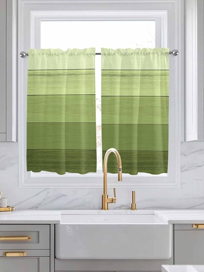 Gradient Green Wooden Board Window Valance Curtains, Retro Country Wood Grain