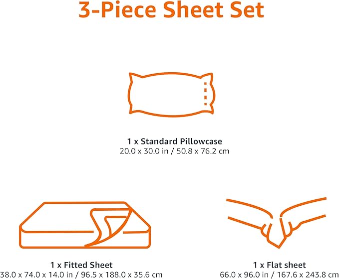 Amazon Basics Kid's Soft Easy-Wash Lightweight Microfiber 3-Piece Sheet Set, Twin, Bright Orange, Solid