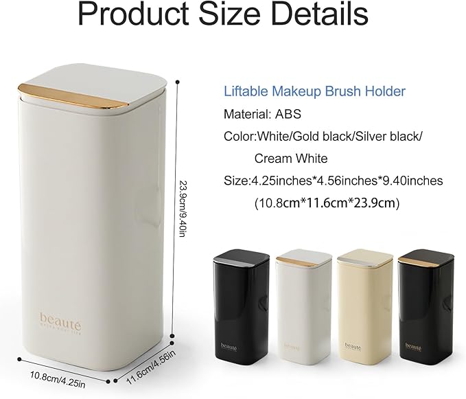 DASITON Makeup Brush Holder with Lid,4 Slots Makeup Brush Organizer,Automatic Lifting Makeup Cosmetics Organizer,for Vanity Decor,Bathroom Countertop,Dustproof Cosmetic Brushes Container(White)