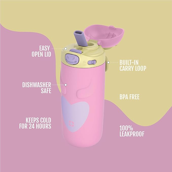 Ello Ellies 12oz Vacuum Insulated Stainless Steel Kids Water Bottle with Straw and Built-in Carrying Handle and Leak-Proof Locking Lid for School Backpack, Lunchbox and Outdoor Sports, Unicorn