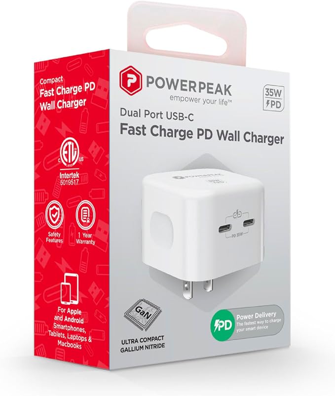 Fast Charger 35w Wall Charger Dual Port GaN Charger Technology 2 USB-C Ports White