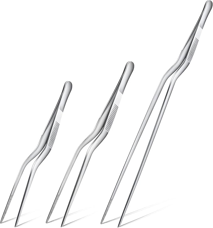 Chumia 3 Pcs Cooking Tweezers Tongs 3 Size Kitchen Stainless Steel Plating Tweezer Set Small Food Handling Tools 6'' 8'' & 12 Inch Flexible Pinching and Non-slip for BBQ Plating Serving