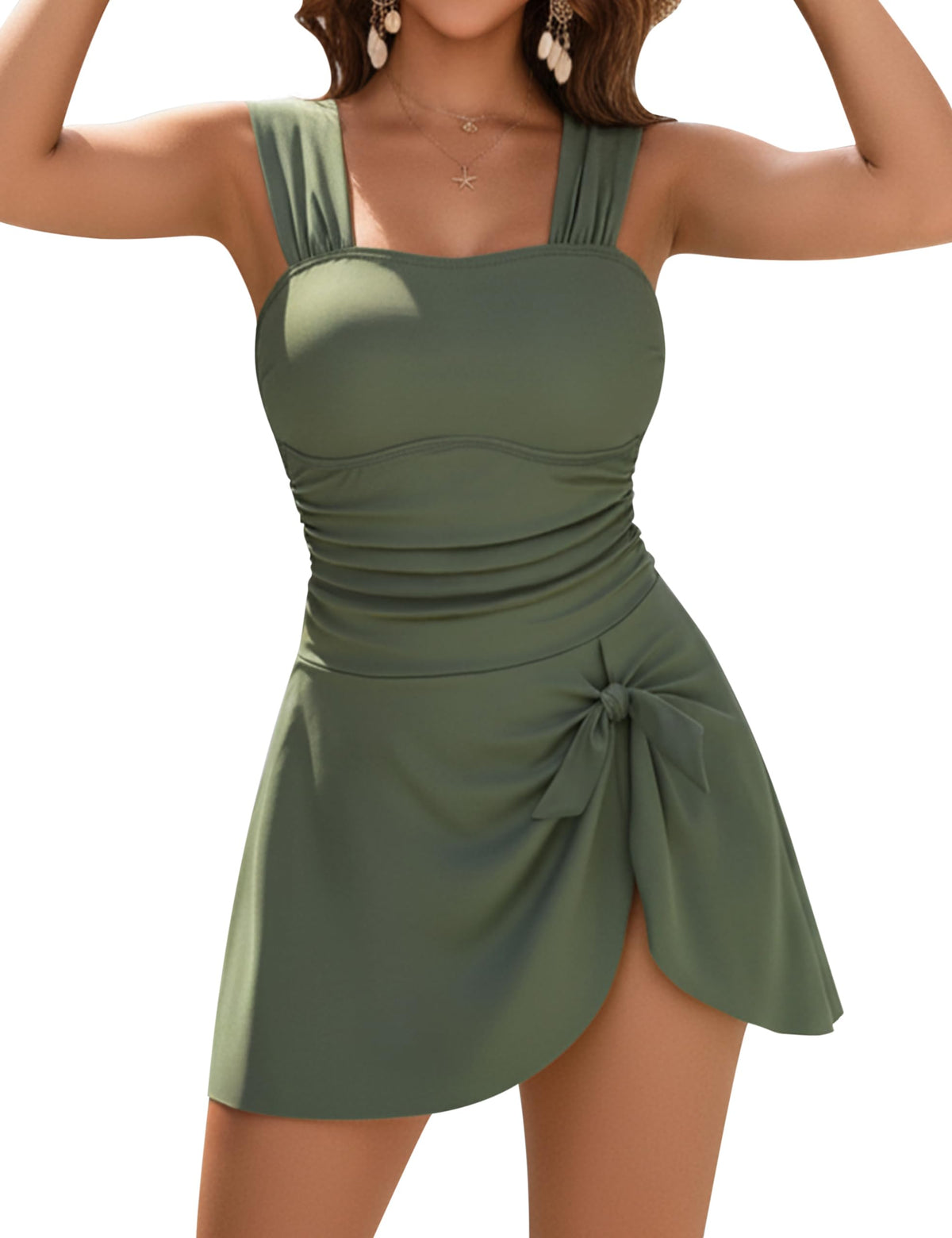 Blooming Jelly Womens One Piece Swim Dress Skirt Tummy Control Modest Slimming Swimsuits Push Up Full Coverage Bathing Suits (L, Blue Green)