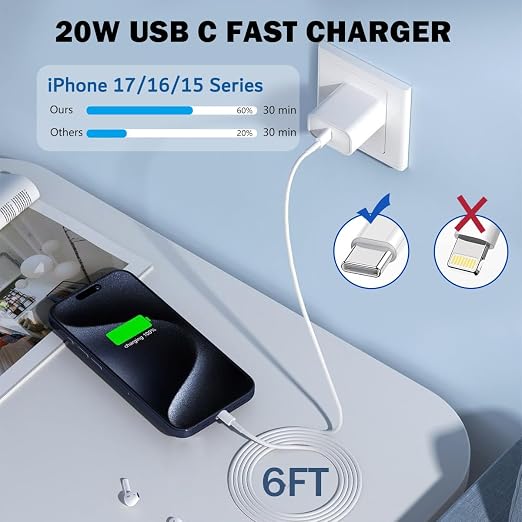 iPhone 17 16 15 Charger Fast Charging 2Pack 10FT Extra Long USBC to C Cable Cord with 20W Apple iPad USB C Fast Charger USB C Wall Charger Block for iPhone 17/16 Pro Max/17 Air/16 Pro/15/15 PlusiPad