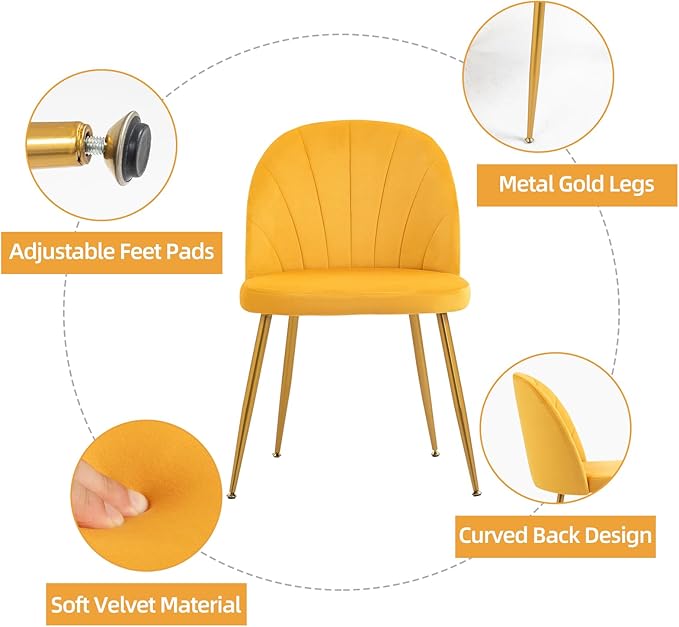 Velvet Dining Chairs Set of 6, Upholstered Mid Century Modern Dining Chairs, Armless Accent Chair with Metal Gold Legs for Living Room, Kitchen, Dining Room, Yellow