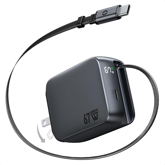 Retractable USB C Charger 67W 2-Port Fast Charger with Retractable Cables and Foldable Plug