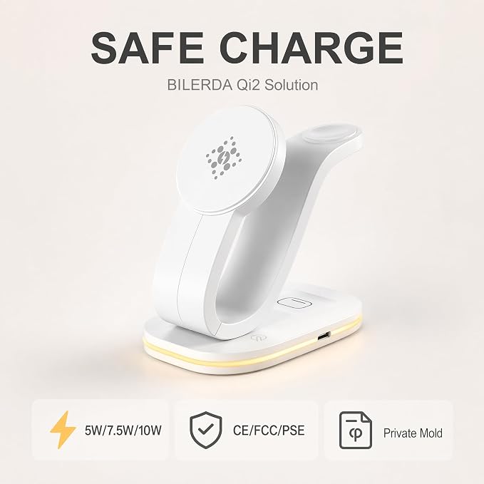 Standard 3-in-1 Wireless Charger Dock Simultaneous Charging Station with Soft Night Light Universal Charging Holder for Home Office Bedside (White)