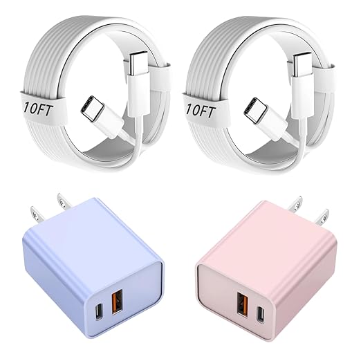 10FT iPhone 17/16e Fast Charger2Pack 20W Dual Port USB A+C QC Apple Adapter with 10 Foot USB C to C Fast Charging Cable Cord for iPhone 17Air/17Pro/17Pro Max/16/16Pro/15/15Pro/Pro Max/Plus(Blue/Pink)