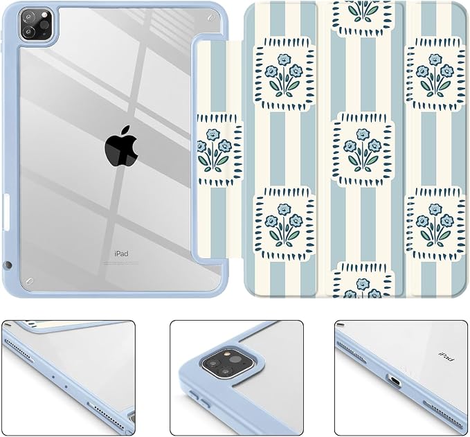 Mektron Case for iPad Pro 11 inch Case M2 2022 Generation 4th Fit 2021 2020 2018 iPad Pro 11 (3rd 2nd &amp 1st Gen) -Buit in Pencil Holder with Shockproof Cover Clear Shell Blue Bows &amp Flower