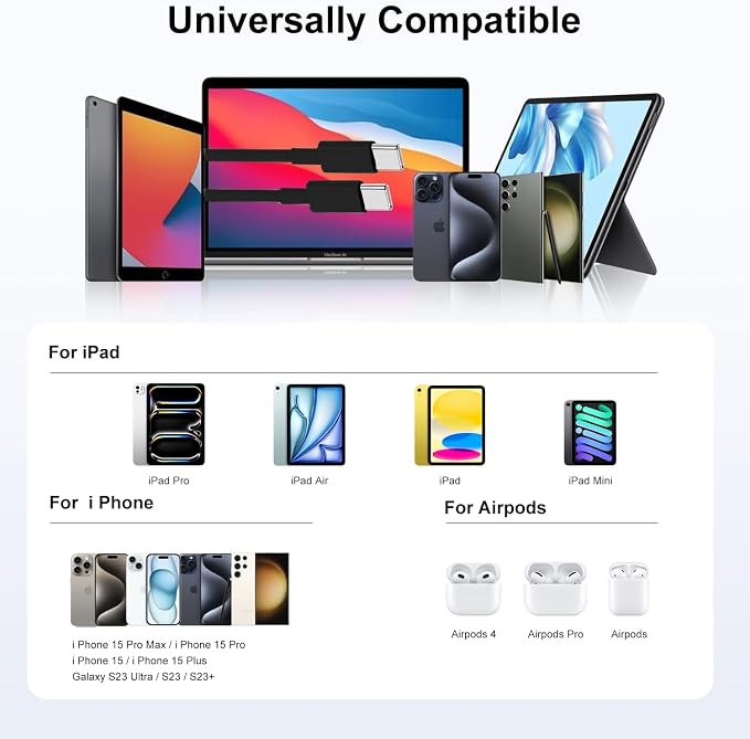 Hzevn 60W USB C Charging Cable for MacBook Pro/Air &amp for iPhone 16/15 Pro Max MFi Certified 20V/3A Super Fast Charger Cord 6ft+10ft PD 3.0 Compatible with iPad Pro 12.9/11 Samsung S25/S24(2-Pac