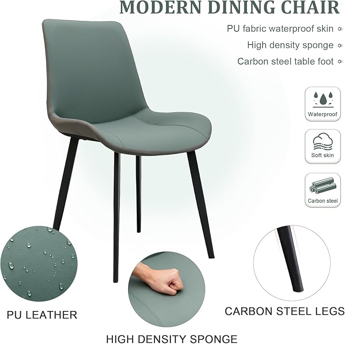 Dining Chairs, Modern PU Leather Dining Room Chair with Sturdy Metal Legs, Upholstered Seat Dinner Chairs Accent Side Chairs for Indoor Kitchen Living Room (Green & Dark Grey, Set of 8)