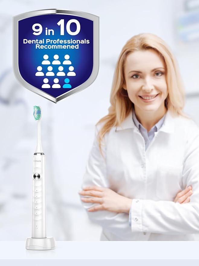 COSLUS Sonic Electric Toothbrush for Kids & Adults: 47000 VPM for Deep Cleaning & Whitening with Travel Case - 5 Modes for Sensitive Teeth & Braces, Wireless Charging, 6 Brush Heads, White (1PC)