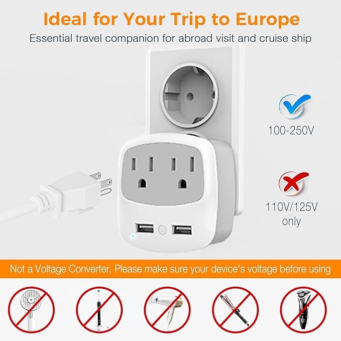 TESSAN European Travel Plug Adapter 2 Pack, US to Europe Power Adaptor with 2 USB 2 AC Outlets, International Charger USA to Most of EU Italy Iceland Spain France Greece Germany (Type C)