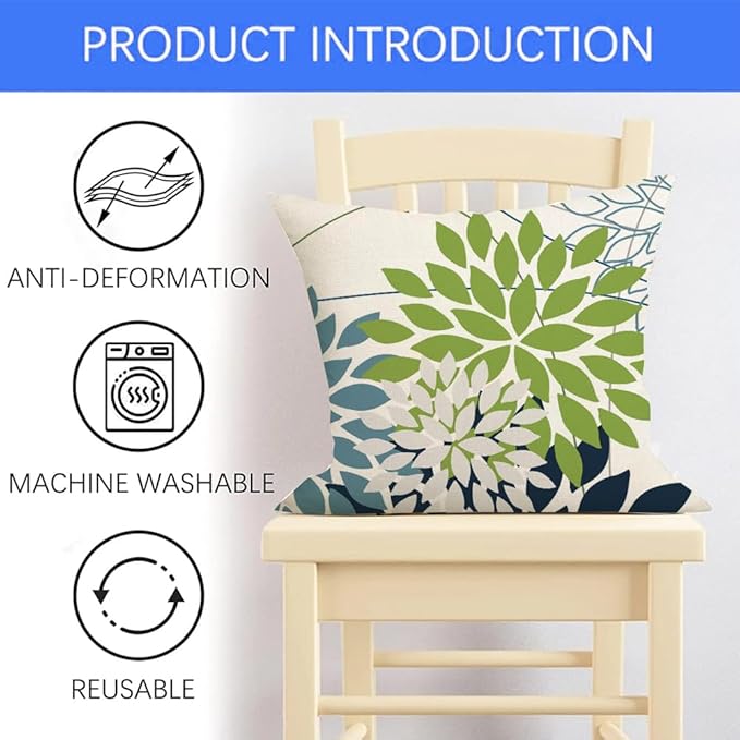 RABUSOFA Outdoor Pillow Covers 20x20 Inch Set of 2 Green Blue Flower Decorative Waterproof Spring Summer Floral Outdoor Cushion Covers for Patio Funiture Garden Couch Decor