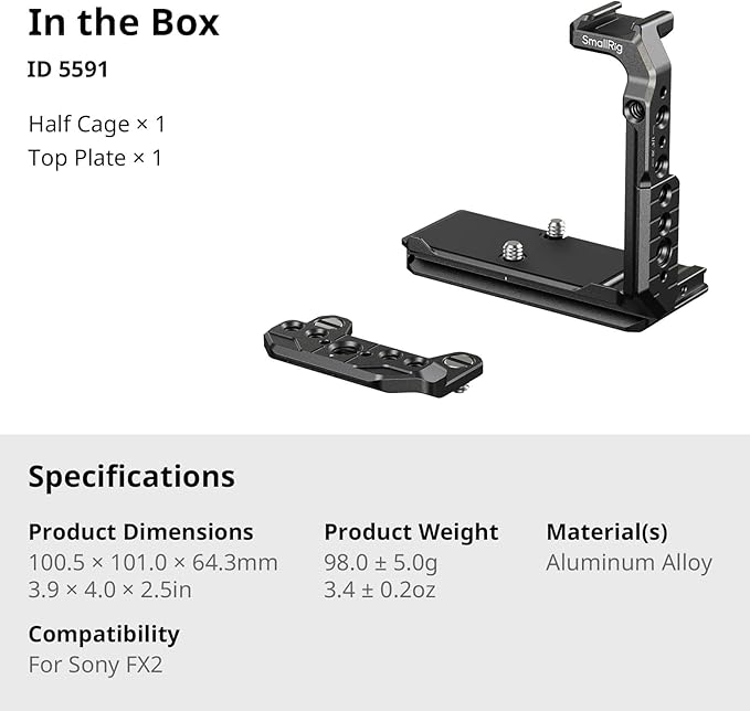 SmallRig Half Cage for Sony FX2, with Removable Top NATO Rail, Quick Release Plate for Arca, Modular Design Compatible with Original XLR Handle, for DJI RS 3 / RS 3 Pro/RS 4 / RS 4 Pro Gimbal - 5591