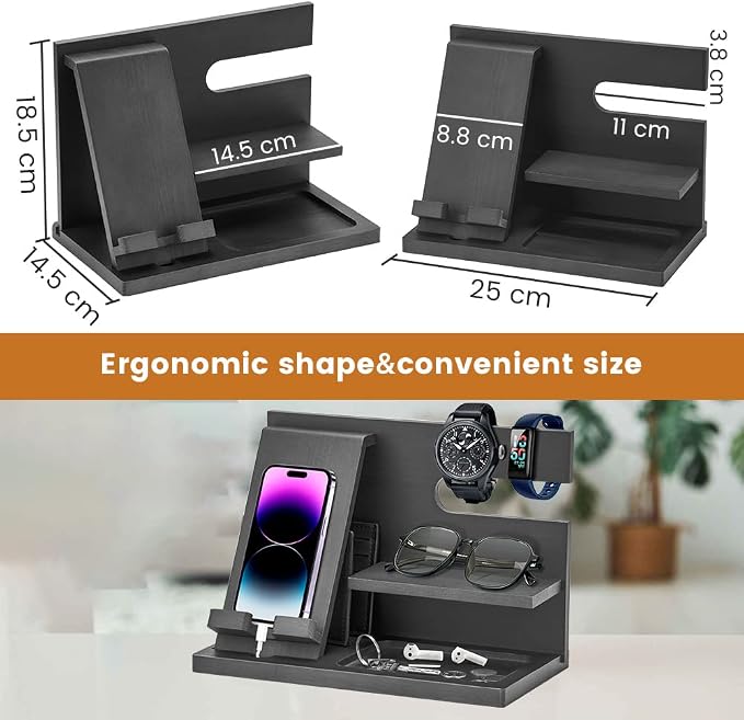 Wood Phone Docking Station - Gifts for Men Desk or Nightstand Organizer - Birthday Gifts for Husband Fathers Day for Dad - Anniversary Idea from Wife - Key Holder Stand Wallet Watch &amp Essential