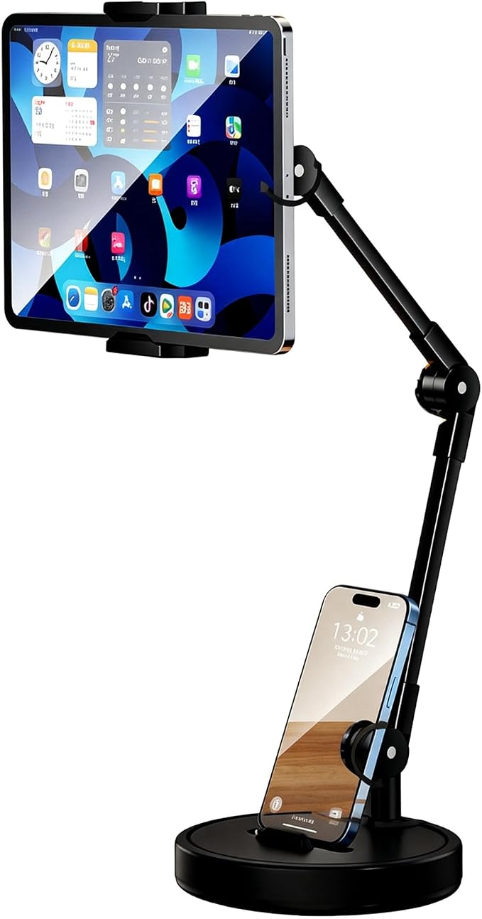 Dual Phone Stand for Desk 2-in-1 Holder with 762g Weighted Base 360° Adjustable Arm for Live Streaming &amp Learning