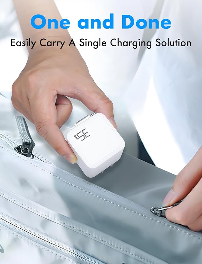 USB C Retractable Charger GaN PD 35W Charger Block Black | Type C Cable Portable Wall Phone Fast Charging Adapter Foldable Plug for iPhone 17/16/15 Pro Max/iPad/Galaxy/Pixel