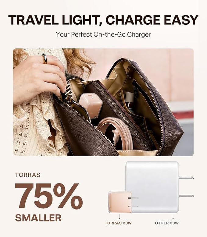 TORRAS IceNano 30W USB C Wall Charger Ultra Mini Foldable Fast Charger Block with Cooling Tech Compact Travel Wall Charger for iPhone 17/16/15 Samsung iPad Desert Gold (5.6ft Cable Included)