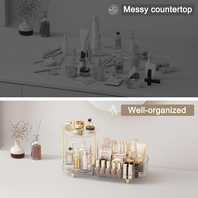 Makeup Organizer Countertop for Vanity, Rotating Skincare Organizers and Storage, 2-in-1 Cosmetic Organizer Display Case with Makeup Holder Perfume Tray for Desk Counter Bathroom Dresser