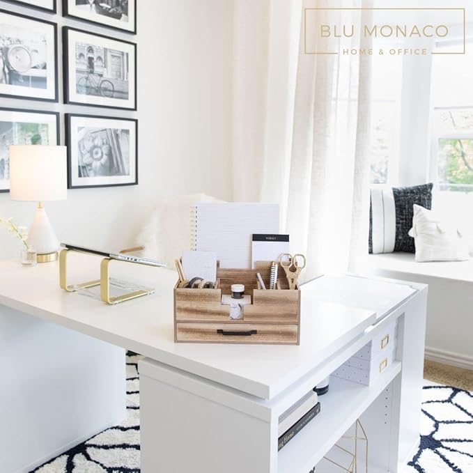 BLU MONACO Natural Wooden Office Supplies Desk Organizer with Drawer - Accessories for Women - Desktop Organization - Organization for Desk - Home Office Supplies Organizer