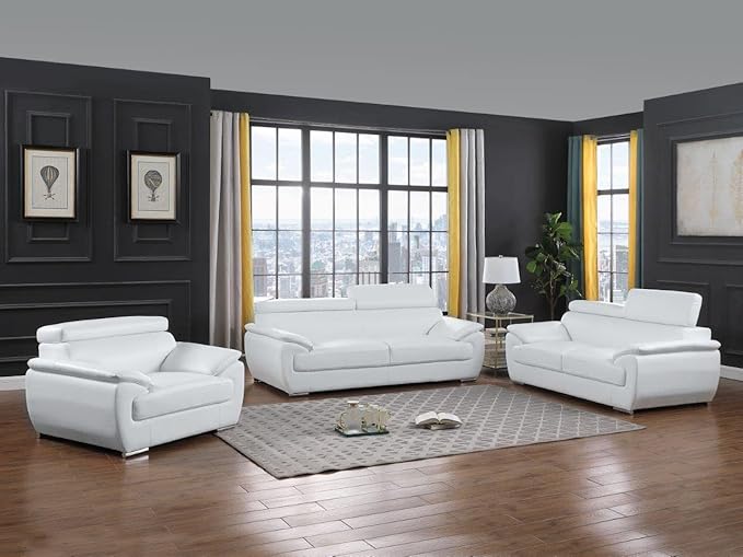 Blackjack Furniture 4571 Veal Collection Genuine Leather Couch for Living Room, Elegant Modern Design with Adjustable Headrests and Durable Wood Frame, Sofa, 86", White