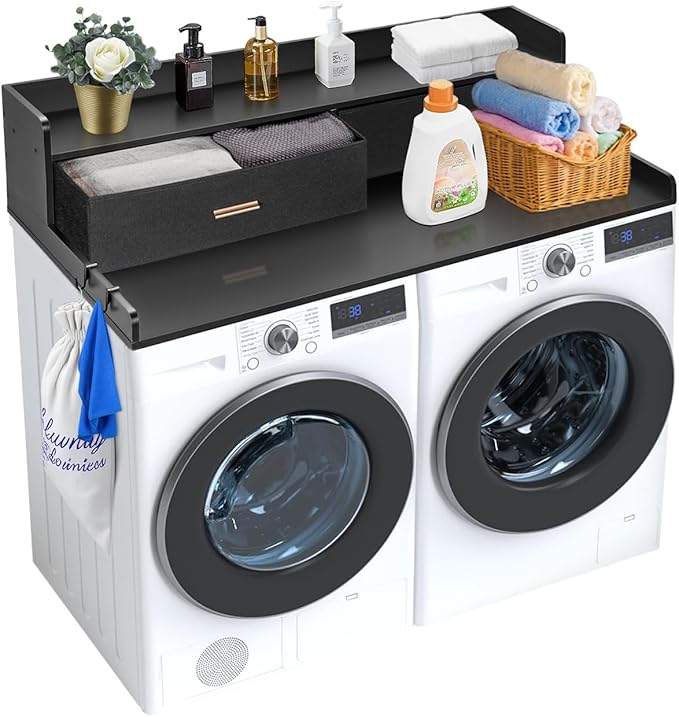 VEVOR 2 Drawers Washer Dryer Countertop with Shelf, 54" x 27" Wooden Laundry Countertop with 2 Hooks & Non-Slip Pads, Washer and Dryer Covers for The Top, Laundry Room Organization and Storage, Black