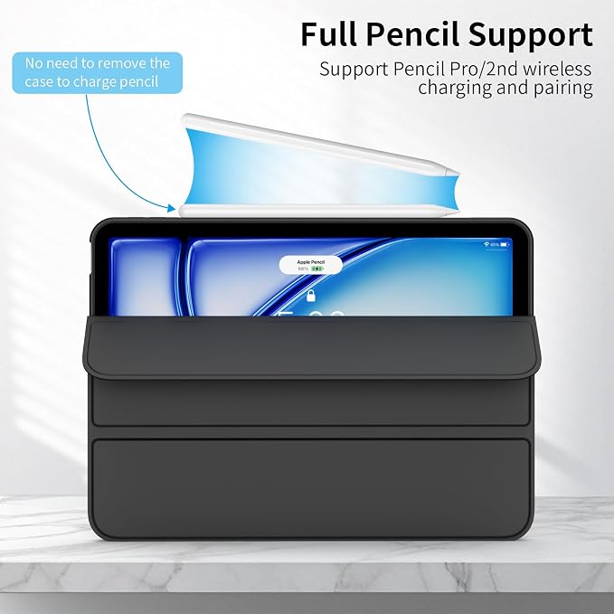 Case for iPad Air 11 Inch M4/M3/M2 iPad Air 5th/4th Gen 10.9 Inch | Soft TPU Back Shell &amp Slim Trifold Stand Cover without Pencil Holder Support Pencil Charging Auto Wake/Sleep Black