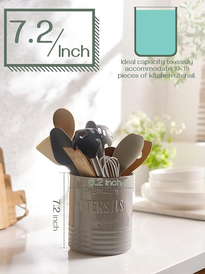 DOWAN 7.2″ Extra Large Kitchen Utensil Holder - Farmhouse Utensil Holder for Countertop - Ceramic Utensil Crock with Protection Cork Mat - Kitchen Decor & Housewarming Gift (Grey)