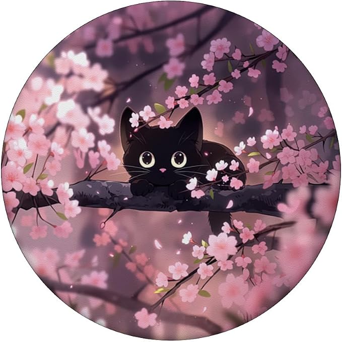 Cute Black Kitten Cat Cherry Blossom Meow Kawaii Anime Cat PopSockets PopGrip for MagSafe