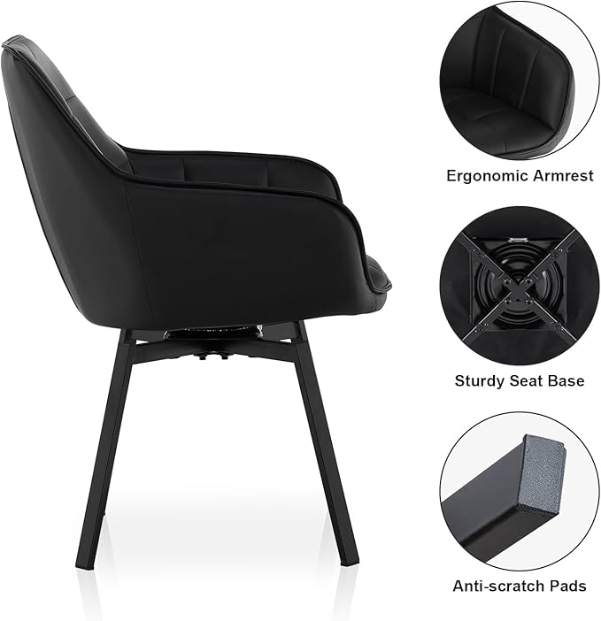 TUKAILAi Swivel Dining Chairs Set of 4, Faux Leather Upholstered Mid Century Accent Chairs with Metal Legs, Rotatable Armchairs for Home Kitchen Restaurant (Black)