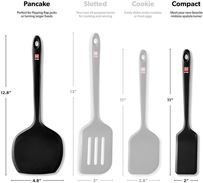DI ORO Silicone Turner Spatula Set - 600F Heat Resistant, 2-Pc Black