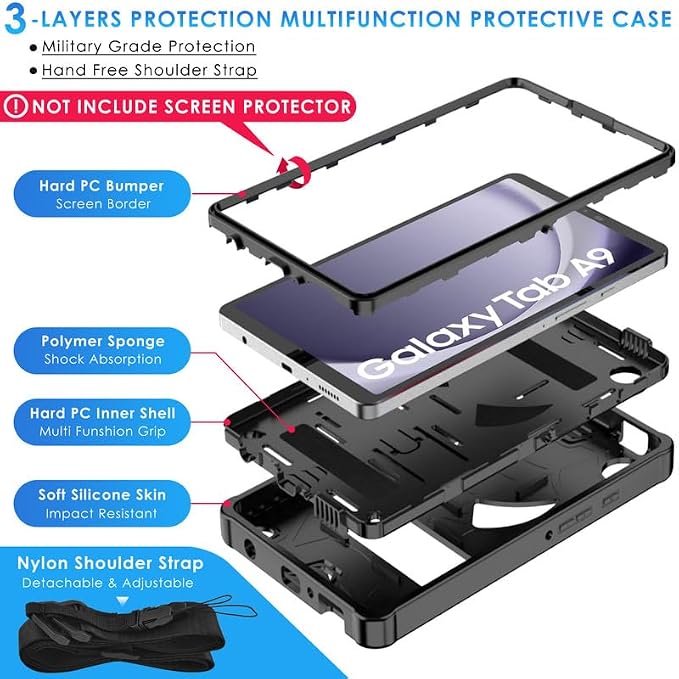 DETUOSI Case for Samsung Galaxy Tab A9 8.7 2023 Tablet (SM-X110/X115/X117) with Shoulder Strap3-Layers Hybrid Heavy Duty Full-Body Shockproof4-Angles Viewing Protective Cover