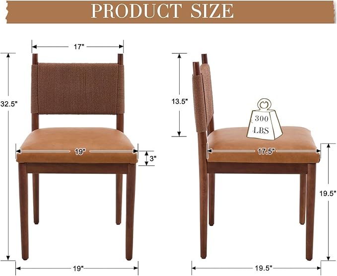 CIMOTA Brown Faux Leather Dining Chairs Set of 6, Mid Century Modern Upholstered Dining Room Chairs with Woven Back, Armless Kitchen Chairs with Walnut Solid Wood Legs, PU